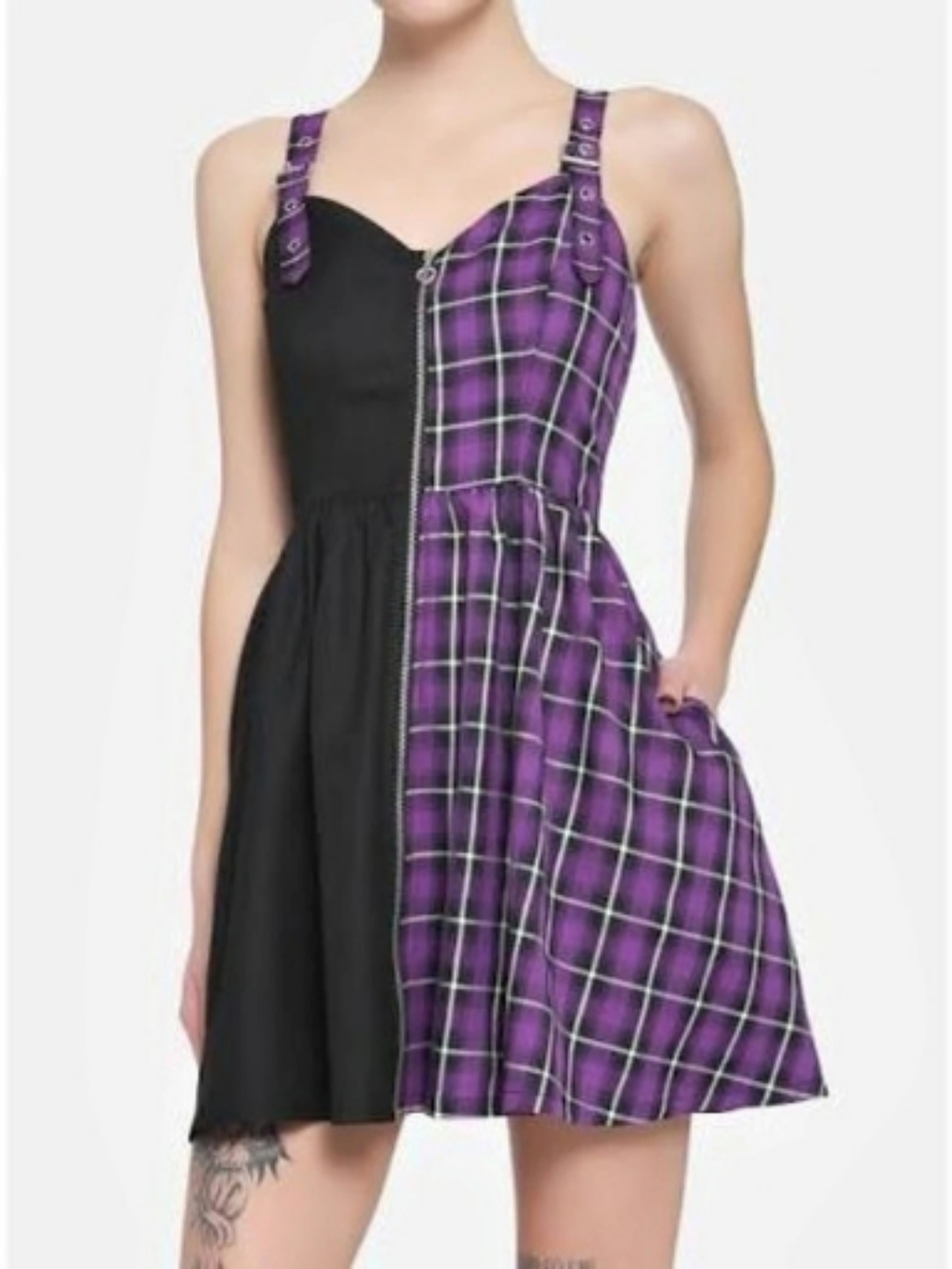 Hot Topic Black & Purple Plaid Split Dress Mini Dress